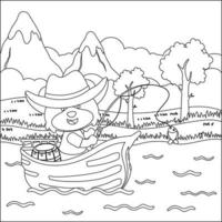 Funny animal  cartoon vector on little boat with cartoon style, Trendy children graphic with Line Art Design Hand Drawing Sketch For Adult And Kids Coloring book or page