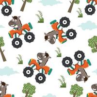 Seamless pattern of Cute little horse and driving a monster car go to forest funny animal cartoon. Creative vector childish background for fabric textile, and other decoration.