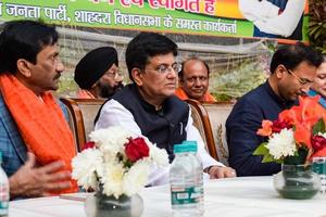 New Delhi, India - November 27 2022 - Piyush Goyal Cabinet Minister and core member of Bharatiya Janata Party BJP during a rally in support of BJP candidate ahead of MCD local body Elections 2022 photo