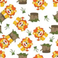 Seamless pattern of funny tiger sit on tree trunk. Creative vector childish background for fabric textile, nursery wallpaper, brochure. and other decoration.