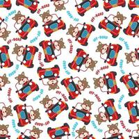 Seamless pattern of funny bear driving car in the road. Creative vector childish background for fabric, textile, nursery wallpaper, poster, card, brochure. and other decoration.