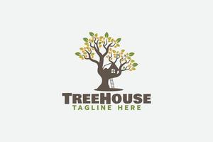 tree house logo with a beautiful tree house silhouette vector