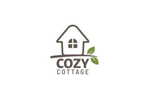 cozy cottage logo with a combination of a house, twig and leaves. vector