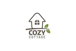 cozy cottage logo with a combination of a house, twig and leaves. vector