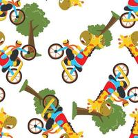 Seamless pattern of cute giraffe ride a motorcycle, Can be used for t-shirt print, kids wear fashion design, invitation card. fabric, textile, nursery wallpaper, poster and other decoration. vector