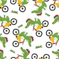 Seamless pattern of cute crocodile riding a scooter. Funny vector illustration. Creative vector childish background for fabric textile, nursery wallpaper, brochure. and other decoration.