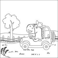 Cute little horse driving a car go to forest funny animal cartoon,  Trendy children graphic with Line Art Design Hand Drawing Sketch Vector illustration For Adult And Kids Coloring Book.