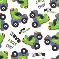 Seamless pattern of cute dinosaur driving a car go to forest vector