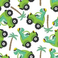 Seamless pattern of cute dinosaur driving a car go to forest vector