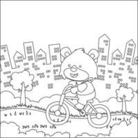 linda pequeño oso montando bicicleta. de moda niños gráfico con línea Arte diseño mano dibujo bosquejo vector ilustración para adulto y niños colorante libro.