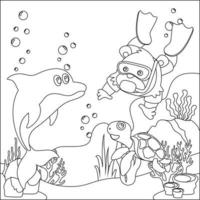 Vector cartoon illustration of little animal diving under sea with cartoon style Childish design for kids activity colouring book or page.