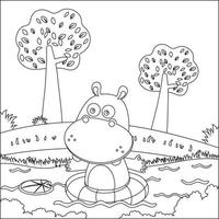 Vector cartoon illustration of cute little animal play over swamp, Childish design for kids activity colouring book or page.