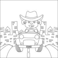 Cute little monkey driving a monster car go to forest funny animal cartoon, Cartoon isolated vector illustration, Creative vector Childish design for kids activity colouring book or page.