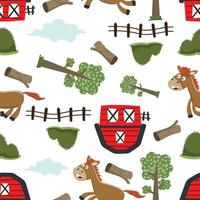 Seamless pattern of Happy horse cartoon in the farm with barn and green field. funny animal cartoon. Creative vector childish background for fabric textile, nursery wallpaper, and other decoration.