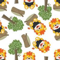 Seamless pattern of funny lion sit on tree trunk reading a book. funny animal cartoon. Creative vector childish background for fabric textile, nursery wallpaper, poster, brochure. and other decoration