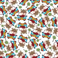 Seamless pattern of funny bear driving car in the road. Creative vector childish background for fabric, textile, nursery wallpaper, poster, card, brochure. and other decoration.