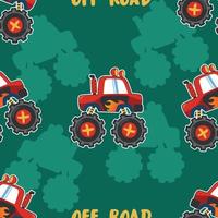 Seamless pattern vector of monster truck with cartoon style. For fabric textile, nursery, baby clothes, background, textile, wrapping paper and other decoration.