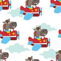 Seamless pattern of cute horse flying in an airplane, Creative vector childish background for fabric textile, nursery wallpaper, brochure. and other decoration.