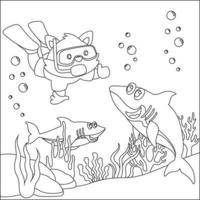 Vector cartoon illustration of little animal diving under sea with cartoon style Childish design for kids activity colouring book or page.