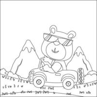 Cute little animal driving a car go to forest funny animal cartoon,  Trendy children graphic with Line Art Design Hand Drawing Sketch Vector illustration For Adult And Kids Coloring Book.