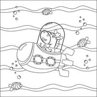 Vector illustration of little horse driving submarine with cartoon style, Childish design for kids activity colouring book or page.