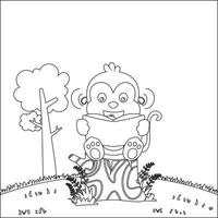 Illustration of funny monkey sit on tree trunk reading a book. Creative vector Childish design for kids activity colouring book or page.