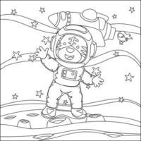 Vector children's coloring book. Cute animal astronaut flies in space. Around the star and planet. Children's coloring book