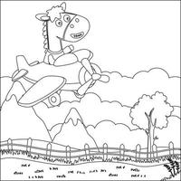 Cartoon illustration of cute horse flying in an airplane with Line Art Design Hand Drawing Sketch Vector illustration For Adult And Kids Coloring Book.