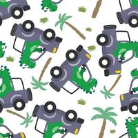 Seamless pattern of cute dinosaur driving a car go to forest vector