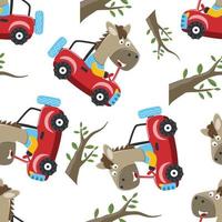 Seamless pattern of cute little horse driving a car go to forest funny animal cartoon,vector illustration. Vector illustration. T-Shirt Design for children. Design elements for kids.