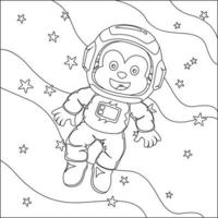 Vector children's coloring book. Cute animal astronaut flies in space. Around the star and planet. Children's coloring book