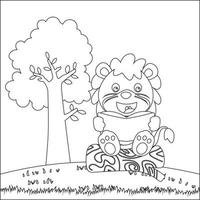 Illustration of funny lion sit on tree trunk reading a book. Creative vector Childish design for kids activity colouring book or page.