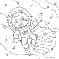 Vector children's coloring book. Cute animal astronaut flies in space. Around the star and planet. Children's coloring book