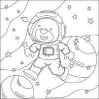 Vector children's coloring book. Cute animal astronaut flies in space. Around the star and planet. Children's coloring book