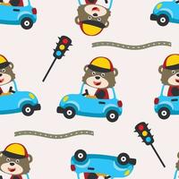 Seamless pattern of cute little animal driving a car go to forest funny animal cartoon,vector illustration. Vector illustration. T-Shirt Design for children. Design elements for kids.