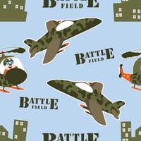 Seamless pattern vector of funny animal pilot on military helicopter, For fabric textile, nursery, baby clothes, background, textile, wrapping paper and other decoration.
