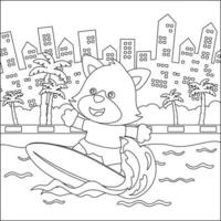 Vector illustration of surfing time with cute little bear at summer. Childish design for kids activity colouring book or page.