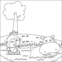 Cartoon wild animals concept, cute hippotamus and monkey in the swamp. Creative vector Childish design for kids activity colouring book or page.