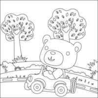 Cute little animal driving a car go to forest funny animal cartoon,  Trendy children graphic with Line Art Design Hand Drawing Sketch Vector illustration For Adult And Kids Coloring Book.