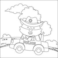 Cute little police fox driving a car go to downtown funny animal cartoon,  Trendy children graphic with Line Art Design Hand Drawing Sketch Vector illustration For Adult And Kids Coloring Book.