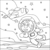 Vector children's coloring book. Cute animal astronaut flies in space. Around the star and planet. Children's coloring book