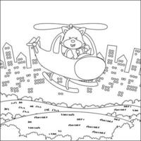 Creative vector childish Illustration of a cute little animal on a helicopter. Childish design for kids activity colouring book or page.