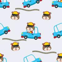 Seamless pattern of cute little animal driving a car go to forest funny animal cartoon,vector illustration. Vector illustration. T-Shirt Design for children. Design elements for kids.