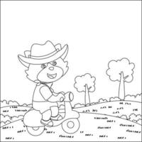 Vector illustration of cute little fox riding a scooter. Funny vector illustration. Childish design for kids activity colouring book or page.