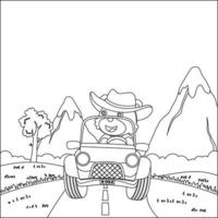 Cute little fox cartoon having fun driving off road car on sunny day. Cartoon isolated vector illustration, Creative vector Childish design for kids activity colouring book or page.