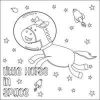 Vector illustration of cute horse Astronaut Floating In Space. Cartoon isolated vector illustration, Creative vector Childish design for kids activity colouring book or page.