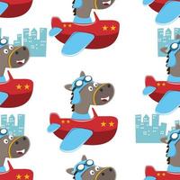 Seamless pattern of cute horse flying in an airplane, Creative vector childish background for fabric textile, nursery wallpaper, brochure. and other decoration.