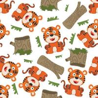 Seamless pattern of funny tiger sit on tree trunk. Creative vector childish background for fabric textile, nursery wallpaper, brochure. and other decoration.