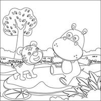 vector dibujos animados ilustración de linda pequeño animal jugar terminado pantano, infantil diseño para niños actividad colorante libro o página.