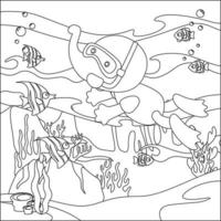 Vector cartoon illustration of little animal diving under sea with cartoon style Childish design for kids activity colouring book or page.